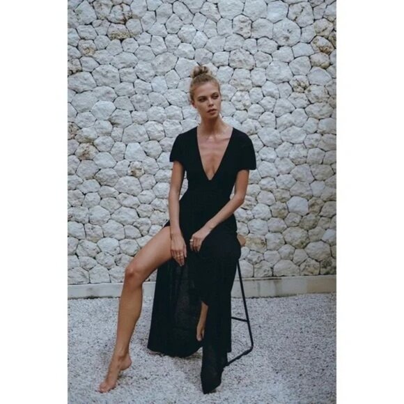 Pampelone V-Neck Short Sleeve High Slit Faux Wrap Long Maxi Dress Black - Picture 2 of 10